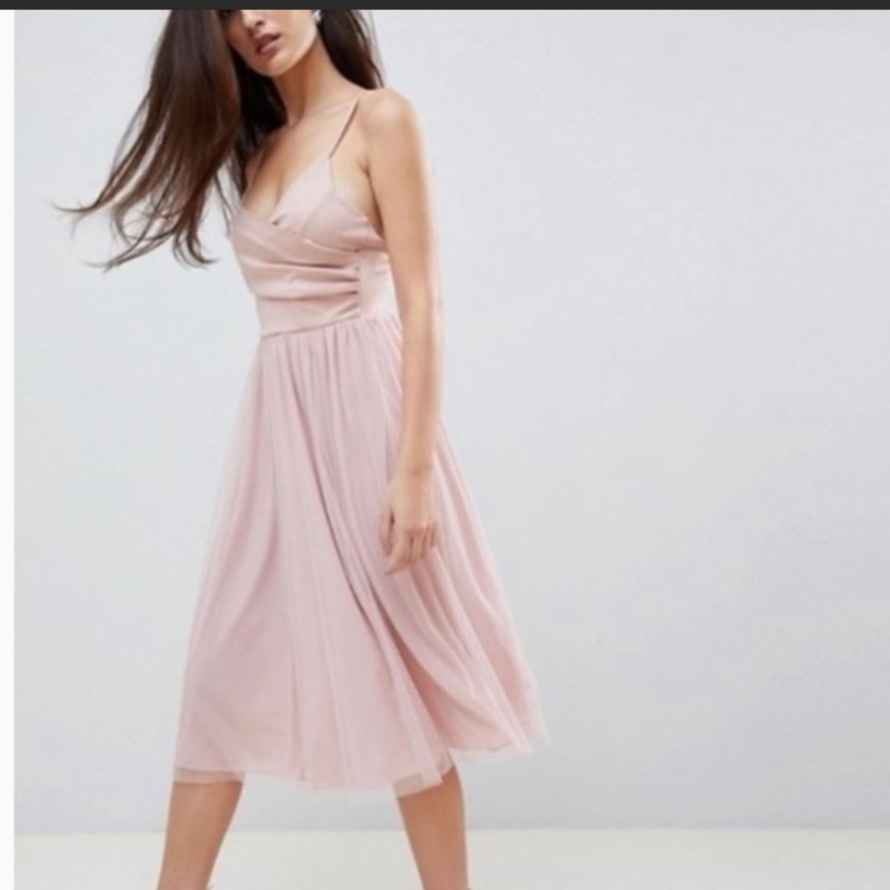 NWT ASOS Blush Midi Dress with Tulle Skirt, Size 14